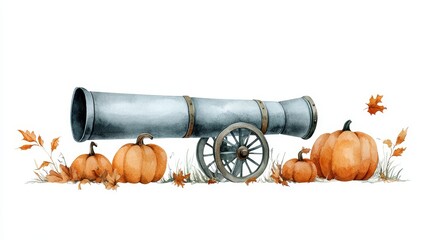 Sticker - A whimsical watercolor illustration featuring a cannon with pumpkins, perfect for fall decorations.  The image symbolizes  joy,  autumn,  celebration,  harvest, and  tradition.