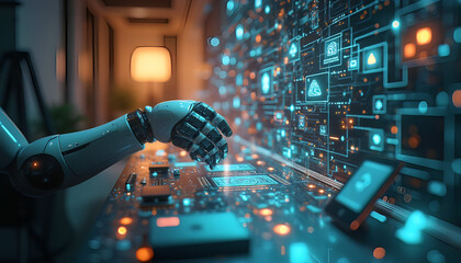 a sleek and modern office is filled with a vibrant array of technology in various spheres. The screen displays a complex network of electronic devices generative ai 