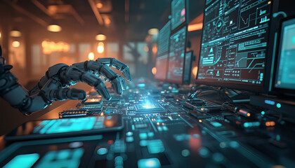 a sleek and modern office is filled with a vibrant array of technology in various spheres. The screen displays a complex network of electronic devices generative ai 