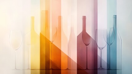 Colorful abstract composition of various wine bottles and glasses with geometric shapes and soft light reflections.