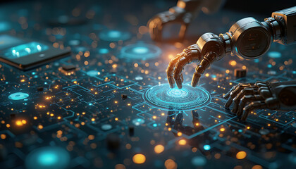 a sleek and modern office is filled with a vibrant array of technology in various spheres. The screen displays a complex network of electronic devices generative ai 