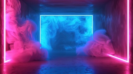 Wall Mural - Neon Dreamscape, an immersive space filled with swirling blue and pink smoke, illuminates empty walls in a dark room, creating a vibrant, ambient futuristic atmosphere.