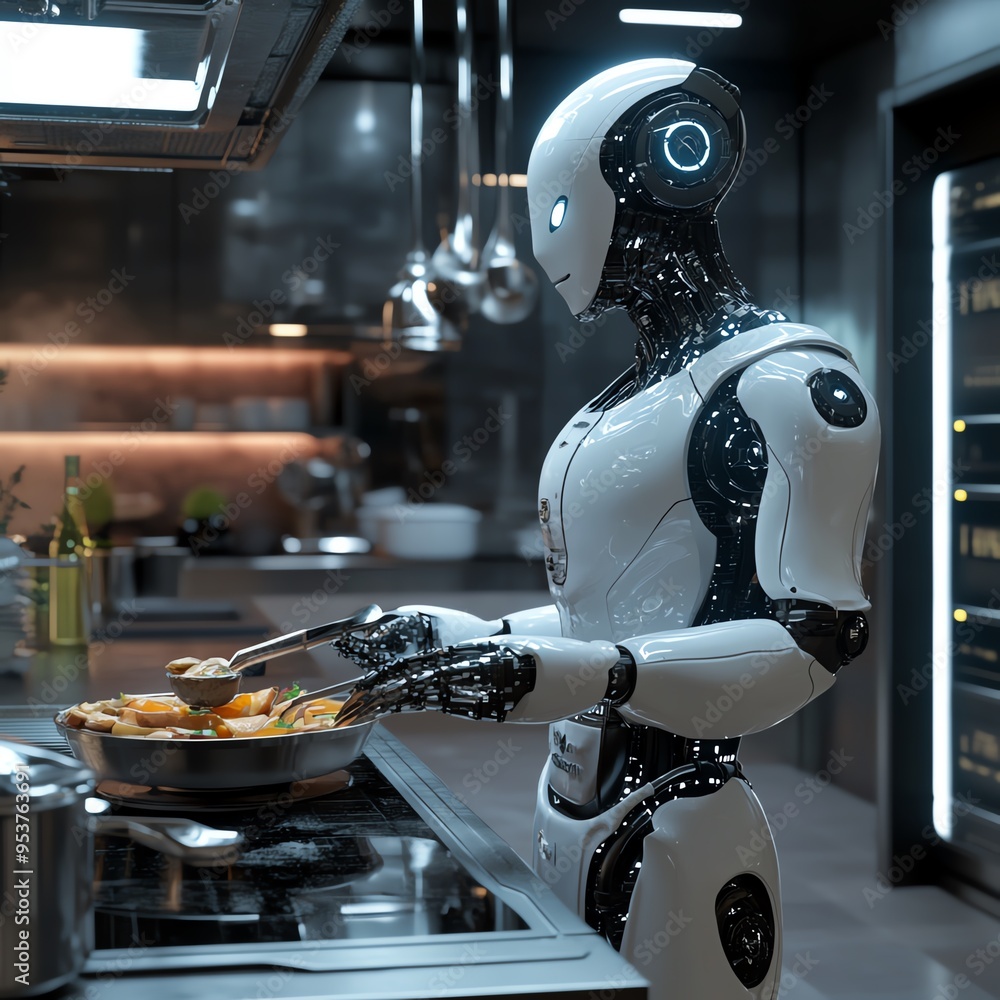 ภาพประกอบ Stock 37. An AI-powered robotic chef preparing a gourmet meal ...