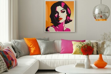 A living room with a white sectional sofa, a pop art painting of a woman with bright colors, a coffee table, and colorful pillows