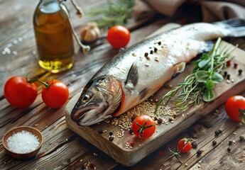 Wall Mural - Fresh Trout on a Cutting Board Ready for Dinner