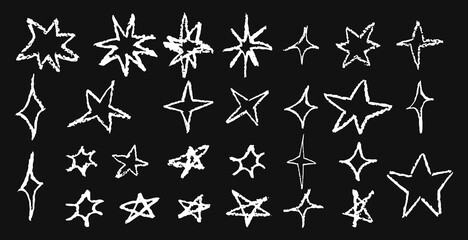 Wall Mural - set of fun like kid drawing white stars. collection of wax pencil texture geometric elements. night 