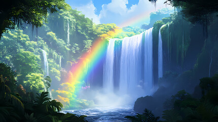 A rainbow over a waterfall in a lush rainforest, vibrant and lively nature landscape. Waterfall. Illustration