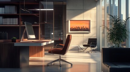 Wall Mural - Modern Office Interior with Cityscape Artwork and Sunlit Floor