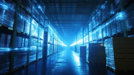 Wall Mural - Blue-lit warehouse aisle with stacked cardboard boxes on pallets.