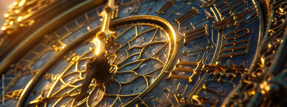Close-up of a realistic Big Ben clock face, capturing the intricate details of the clock hands, Roman numerals, and the golden glow of the sun.