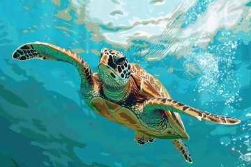 Canvas Print - Sea Turtle Swimming Underwater