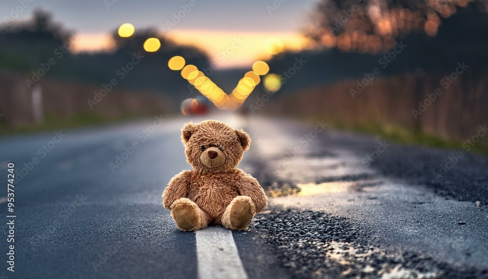 Small abandoned child teddy bear toy on the side of a road in evening ...
