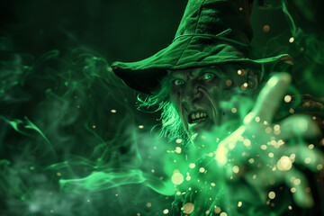 Warlock with Green Magic Casting Fiery Spells and Witchcraft with Flames for Halloween Occult Stories