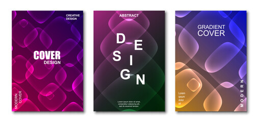 Poster - Modern gradient cover background design set. Brochure cover cards. Vibrant 3d geometric shapes compositions. Banner, cover, card, wallpaper, decoration, poster, brochure, leaflet. Template A4 size