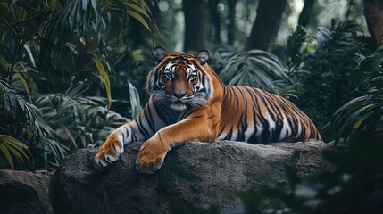 Wall Mural - A majestic tiger lounging on a rock in its zoo enclosure, with dense foliage surrounding it.