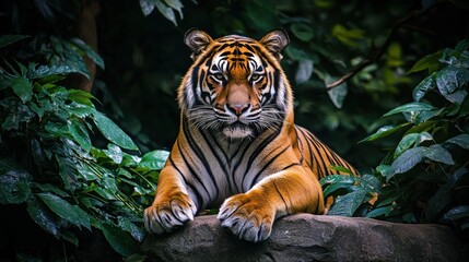 Wall Mural - A majestic tiger lounging on a rock in its zoo enclosure, with dense foliage surrounding it.