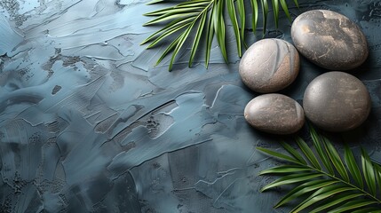 Tropical Green Leaves and Stones on Textured Surface