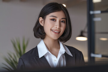 Businesswoman smile portrait. Confident young professional woman in business suit smiling at camera.