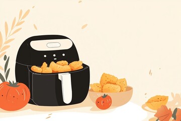 An air fryer filled with crispy fried food and a bowl of fried food with a tomato and leaves beside it on a light beige background.