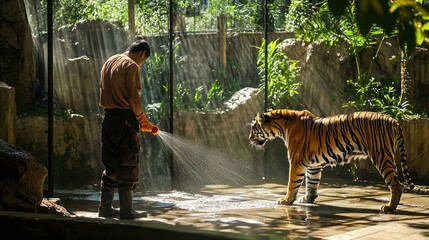 A zoo keeper cleaning a tiger enclosure, ensuring the habitat is safe and clean for the animals.