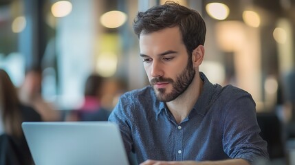 A young man working on his laptop in a cafe