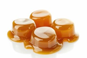 Wall Mural - Caramel candies and topping isolated on white background.