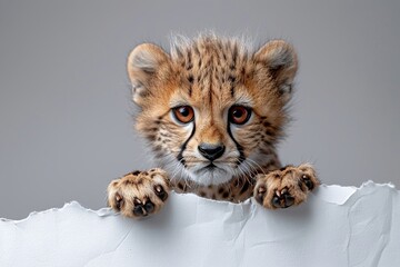 Canvas Print - Cute Cheetah Cub Peeking Over a Torn Paper