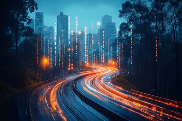 A mesmerizing view of a futuristic city at night, featuring bright orange light trails from vehicles on a winding road.