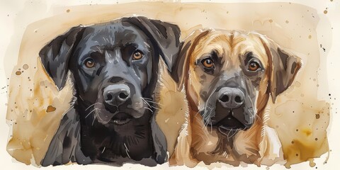 Wall Mural - Hand-drawn watercolor portrait of two dogs, capturing their expressive faces with artistic detail.