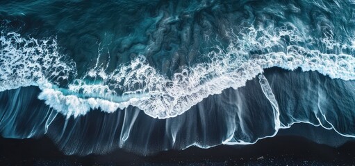 Sticker - Aerial View of Waves Crashing on Black Sand Beach