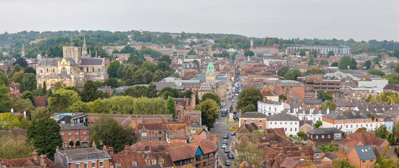 Winchester Cathedral and Guildhall Winchester, aerial view of the famous medieval architecture in Winchester