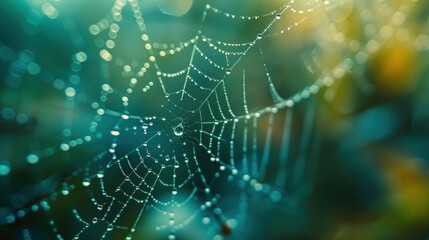 A close-up of a spider web adorned with dew drops, showcasing intricate patterns and a serene natural beauty.
