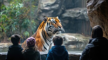 Wall Mural - A group of zoo visitors observing a tiger through a glass panel, with the tiger staring back.