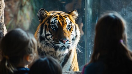 A group of zoo visitors observing a tiger through a glass panel, with the tiger staring back.