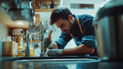 A professional plumber working under a kitchen sink, using modern tools to fix a leak. The scene captures the technical expertise of the plumbing industry.