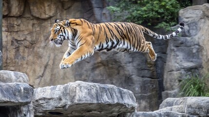 Wall Mural - A tiger leaping across rocks in its zoo enclosure, displaying its agility and power.