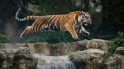 Wall Mural - A tiger leaping across rocks in its zoo enclosure, displaying its agility and power.