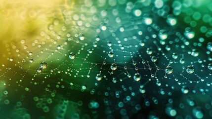 A close-up of a spider web adorned with water droplets, showcasing intricate patterns and a blend of green and yellow hues.