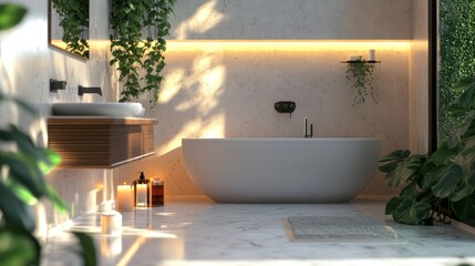 Wall Mural - Modern Bathroom with Freestanding Tub, Marble Flooring, and Green Plants