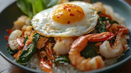 A macro shot of vivid and spicy stir-fried basil with shrimp, squid, clams, and crab meat on rice. A Thai-style fried egg on top completes this roadside restaurant dish.