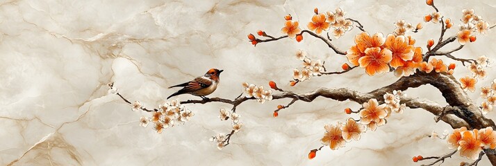 Birds on blossoming branches, Two birds perched on blooming branches with white and orange flowers, evoking a sense of spring and tranquility against a soft background.