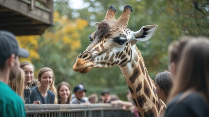 A zoo worker feeding a giraffe with visitors watching.