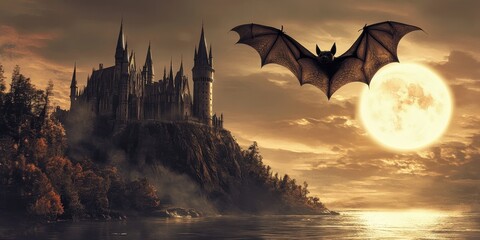 Wall Mural - A bat flying over a haunted castle