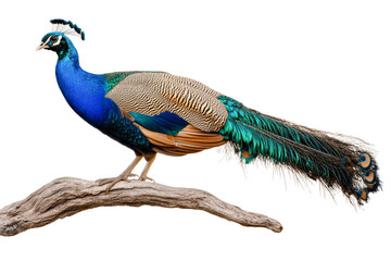 Peacock on a branch in the wild isolated on transparent background