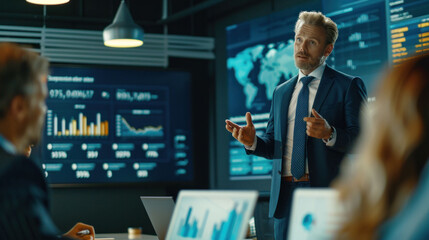 A corporate executive explaining financial data on a screen in a modern conference room to team members.