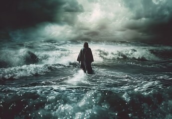 Wall Mural - A lone figure walks on the stormy sea