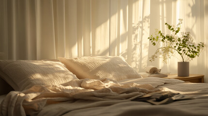 A bed with two pillows and a vase of flowers on a windowsill