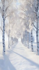 A beautiful winter landscape with white, snow-covered trees and roads covered in fresh powder, creating an enchanting scene of nature's beauty