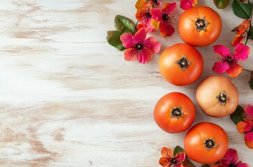 Tomatoes and Flowers on White Wooden Background