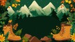 © Seksan - A vibrant scene featuring hiking boots surrounded by autumn leaves, mountains, and nature, perfect for outdoor adventure themes.